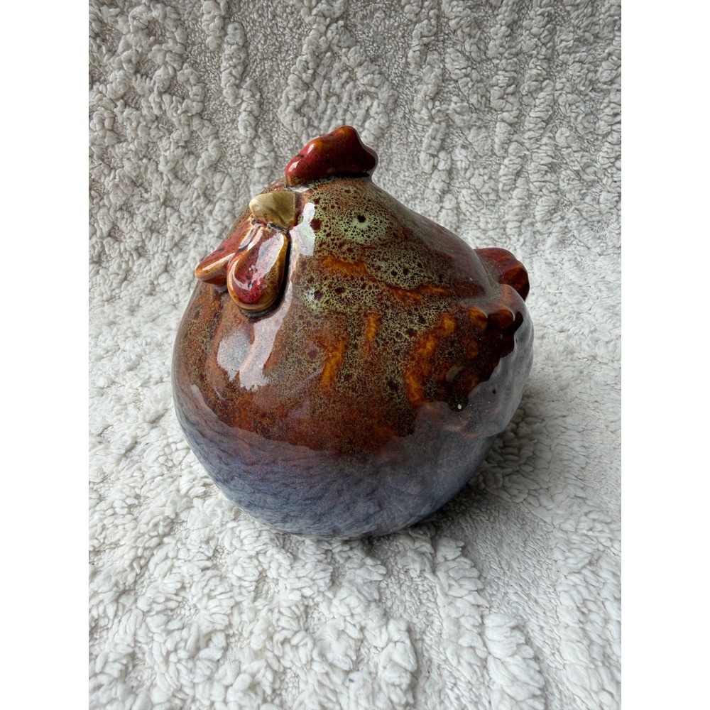 Vintage Ceramic Drip Glaze Chicken Figurine Farmhouse Hen Decor Brown Blue 5"